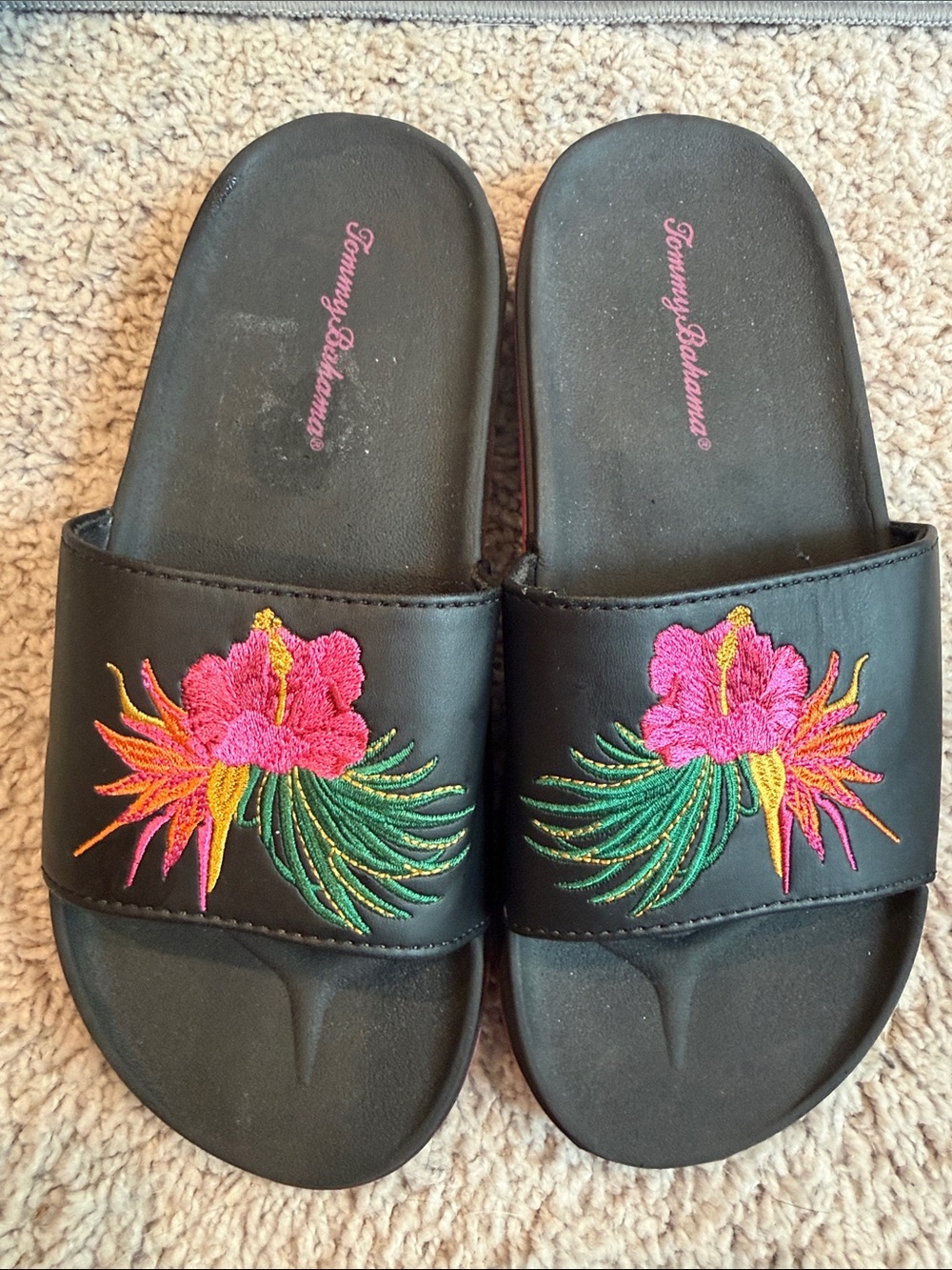 Tommy Bahama Black Slides with Pink and Green Floral Embroidery 7